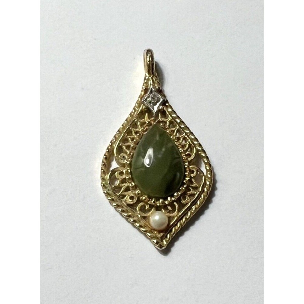 Vtg Jade Diamond and Cultured Pearl Teardrop Gold Tone Pendant Pat Pending - Picture 2 of 6